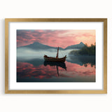 Textured art print of an abstract rowboat in muted blue tones, framed in gold, ideal for bedroom wall decor.