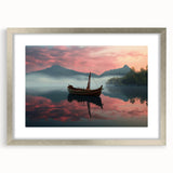 Abstract art print of a rowboat in muted blue and gray tones on a framed canvas, suitable for dining room decor.