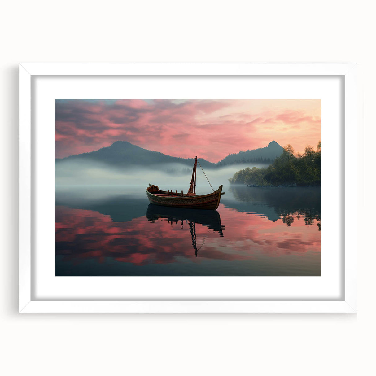 Extra large abstract art print of a rowboat in textured shades of blue and gray on a white framed canvas.