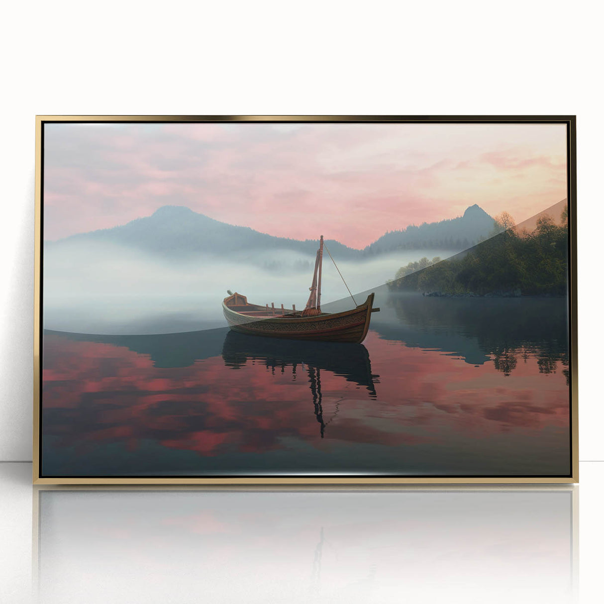 Mid-century modernist art of a rowboat in gold and blue tones on a framed acrylic, suitable for nursery wall art.