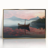 Mid-century modernist art of a rowboat in gold and blue tones on a framed acrylic, suitable for nursery wall art.