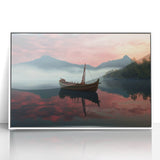 Framed acrylic print of a rowboat on calm waters in muted blue and gray tones, suitable for nursery wall art.