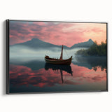 Black and white framed canvas featuring a vintage rowboat landscape, ideal for bedroom wall decor.