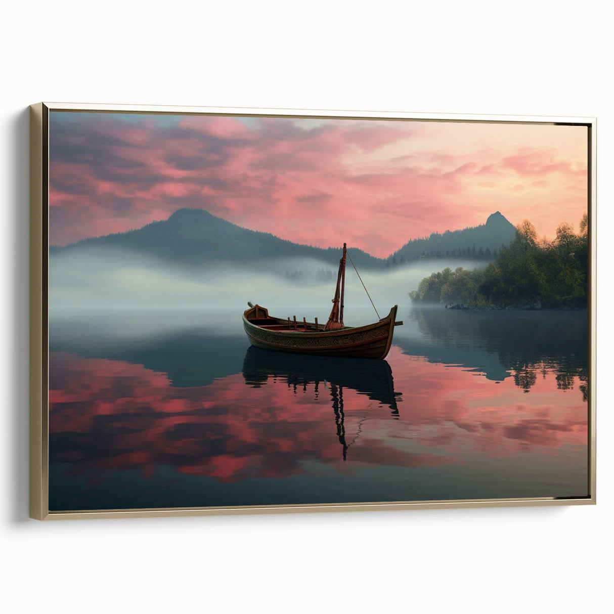 Framed canvas of a vintage rowboat on a lake in muted earth tones, ideal for adding a peaceful element to a study or office.