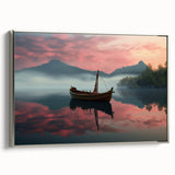 Vintage poster art of a rowboat in black and colorful hues on a silver-framed canvas, ideal for living room decor.