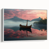 Framed canvas depicting a vintage-style black and white rowboat landscape, ideal for bedroom wall art.