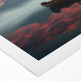 Art deco poster of a rowboat on calm water, rendered in soft blue and gray tones on rolled canvas.