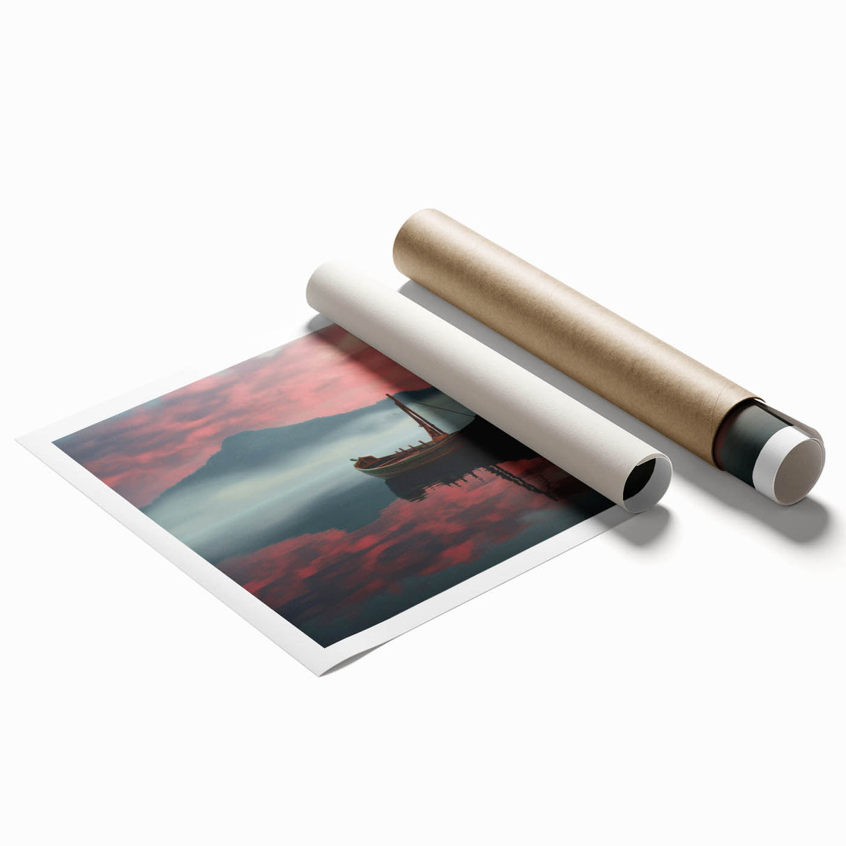 Extra large wall art featuring a rowboat on calm water, in muted blue and gray tones, printed on rolled canvas.