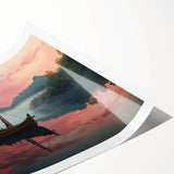 Extra large wall art of a rowboat on water, in muted blues and grays, on rolled print, suitable for large living room decor.