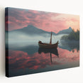 Side view of a stretched canvas featuring a rowboat on calm water, rendered in soft blue and gray tones.