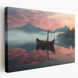 Side view of a stretched canvas featuring a rowboat on calm water, rendered in soft blue and gray tones.