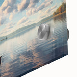 Acrylic print of a large abstract rowboat in muted blue and gray, ideal for dining room art in a mid-century modernist style.