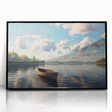 Large abstract wall art featuring a rowboat in muted gray and blue tones, framed in black acrylic.