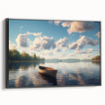 Black and white framed canvas of a rowboat on a calm lake, ideal for bedroom wall art.