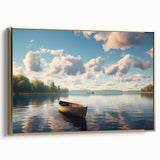 Framed canvas depicting a vintage rowboat on a calm lake, rendered in muted earth tones.