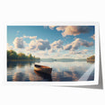 Rolled print of a rowboat on calm waters, in muted blue and gray tones, suitable for art wall dining room.
