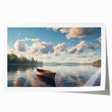 Rolled print of a rowboat on calm waters, in muted blue and gray tones, suitable for art wall dining room.
