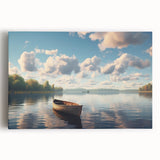 Black and white photo of a rowboat on water, printed on large stretched canvas, suitable for kitchen wall art.