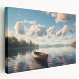 Rowboat on calm lake, captured in soft gray and blue tones on a stretched canvas, suitable for kitchen wall art.