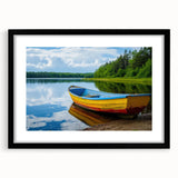 Colorful abstract art print of a rowboat, in vibrant blue and orange hues on a textured canvas, framed in black.