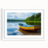 Extra large abstract art print of a rowboat, featuring textured gray and blue tones on a white framed canvas.