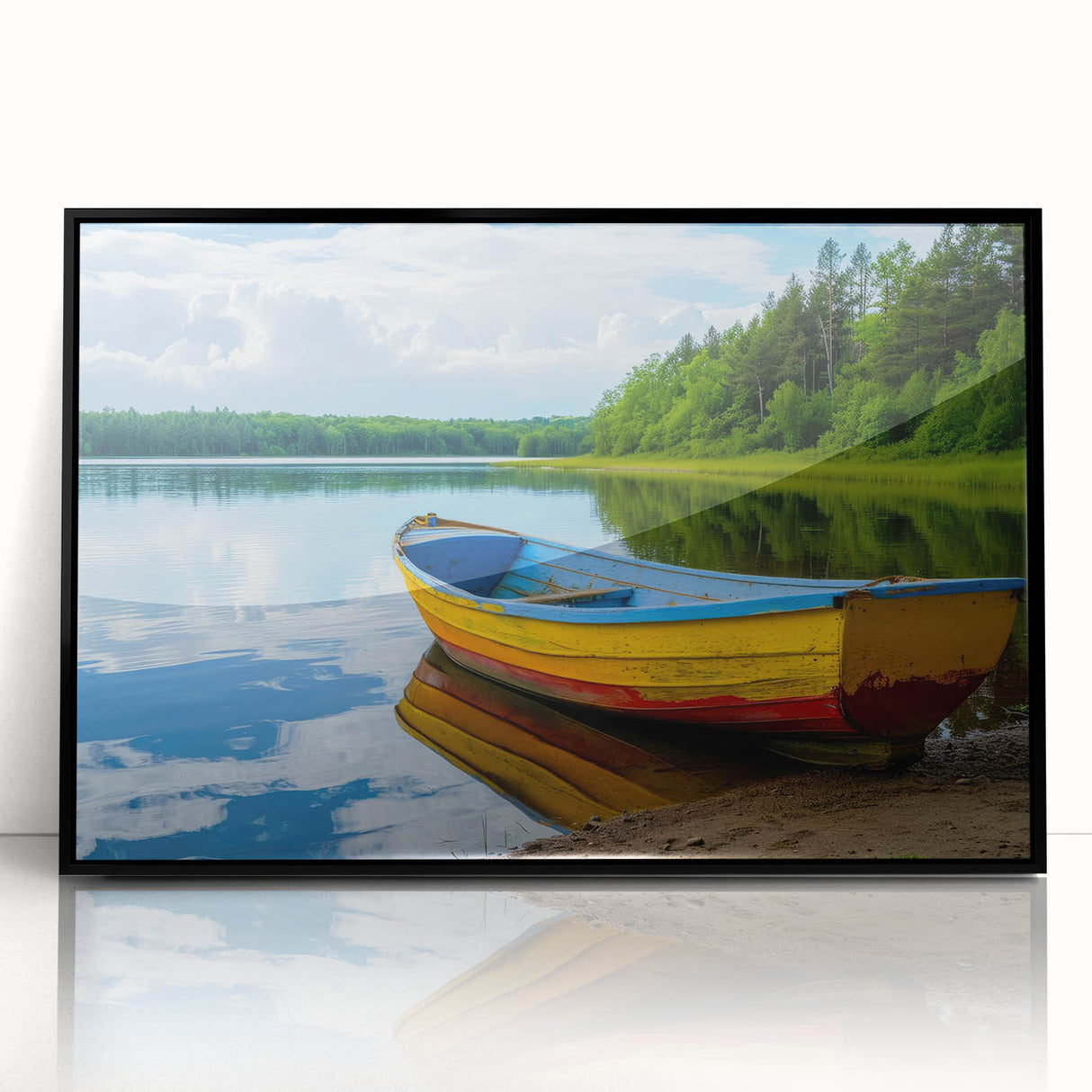 Large abstract wall art of a rowboat in muted gray and blue tones on a framed acrylic, suitable for modern art wall decor.