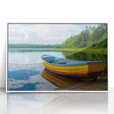 Acrylic print of a rowboat on calm water, using muted blues and grays, framed in white, suitable for modern art wall decor.