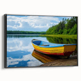 Black and white framed canvas featuring a vintage poster art style rowboat on water, ideal for bedroom wall decor.