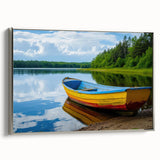 Vintage poster art of a rowboat on water, framed canvas in silver.