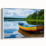 Framed canvas depicting a vintage rowboat in grayscale, ideal for bedroom wall art.