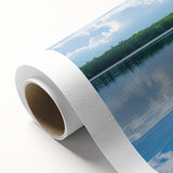 Art deco poster of a rowboat on water, rendered in soft blue and gray tones on rolled canvas, ideal for nursery wall art.