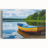 Black and white photo of a rowboat on calm water, printed on large stretched canvas, ideal for kitchen wall art.