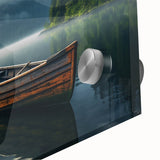 Acrylic print of a large abstract rowboat in gray and blue tones, ideal for dining room art in a mid-century modernist style.