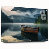 Acrylic print of a side-view rowboat in muted gray and blue tones, suitable for bedroom or dining room decor.