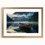 Textured art print of an abstract rowboat in muted blue and gray tones on a gold-framed canvas, suitable for bedroom decor.