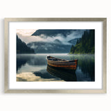 Abstract art print of a rowboat in muted blue and gray tones on a silver-framed canvas, suitable for dining room decor.
