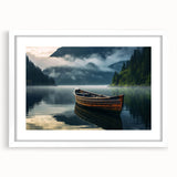 Extra large abstract art print of a rowboat, textured in muted blues and grays, framed with a white mat.