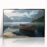 Art deco style poster featuring a silver-framed acrylic print of a rowboat, using muted blue and gray tones.