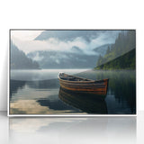 Mid-century modernist style rowboat depicted in muted blue and gray tones on a large acrylic print.