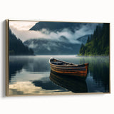 Framed canvas of a vintage rowboat landscape painting with a black and gold color scheme, ideal for office or study decor.