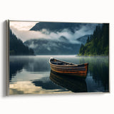 Vintage poster art of a rowboat on water, rendered in colorful art on a framed canvas, suitable for living room decor.