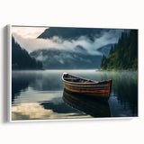 Framed canvas wall art featuring a vintage-style landscape with a rowboat, in black and white tones, ideal for bedroom decor.