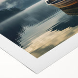 Art deco poster of a rowboat on calm water, in muted blue and gray tones on rolled canvas, ideal for dining room wall art.