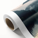 Art deco poster of a rowboat on calm waters in muted blue and gray tones, printed on rolled canvas.