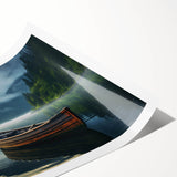 Extra large wall art featuring a rowboat with muted earth tones on a rolled print, suitable for large living room decor.