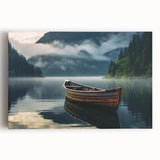 Black and white photo of a rowboat on water, printed on large stretched canvas, suited for kitchen wall art.
