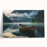 Black and white photo of a rowboat on calm water, printed on large stretched canvas.