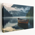 Side view of a rowboat on a stretched canvas, depicted in soft blue and gray tones, suitable for kitchen wall art.