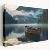 Side view of a rowboat on a stretched canvas, depicted in soft blue and gray tones, suitable for kitchen wall art.
