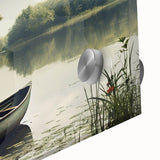 Large abstract wall art featuring a rowboat in muted earth tones on acrylic glass, ideal for dining room ambiance.